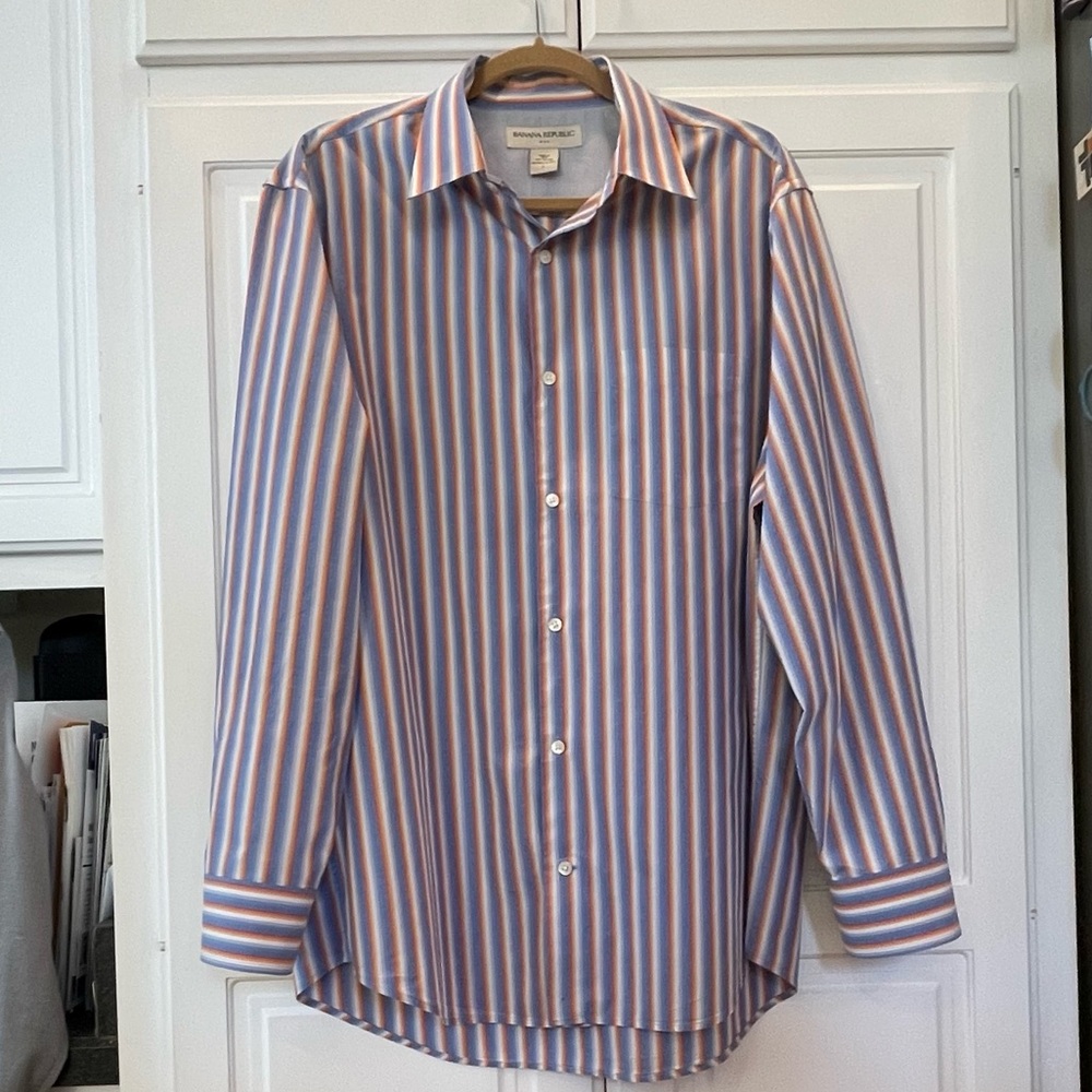 Banana Republic Men’s Striped Large Dress Shirt - Blue, Orange, White